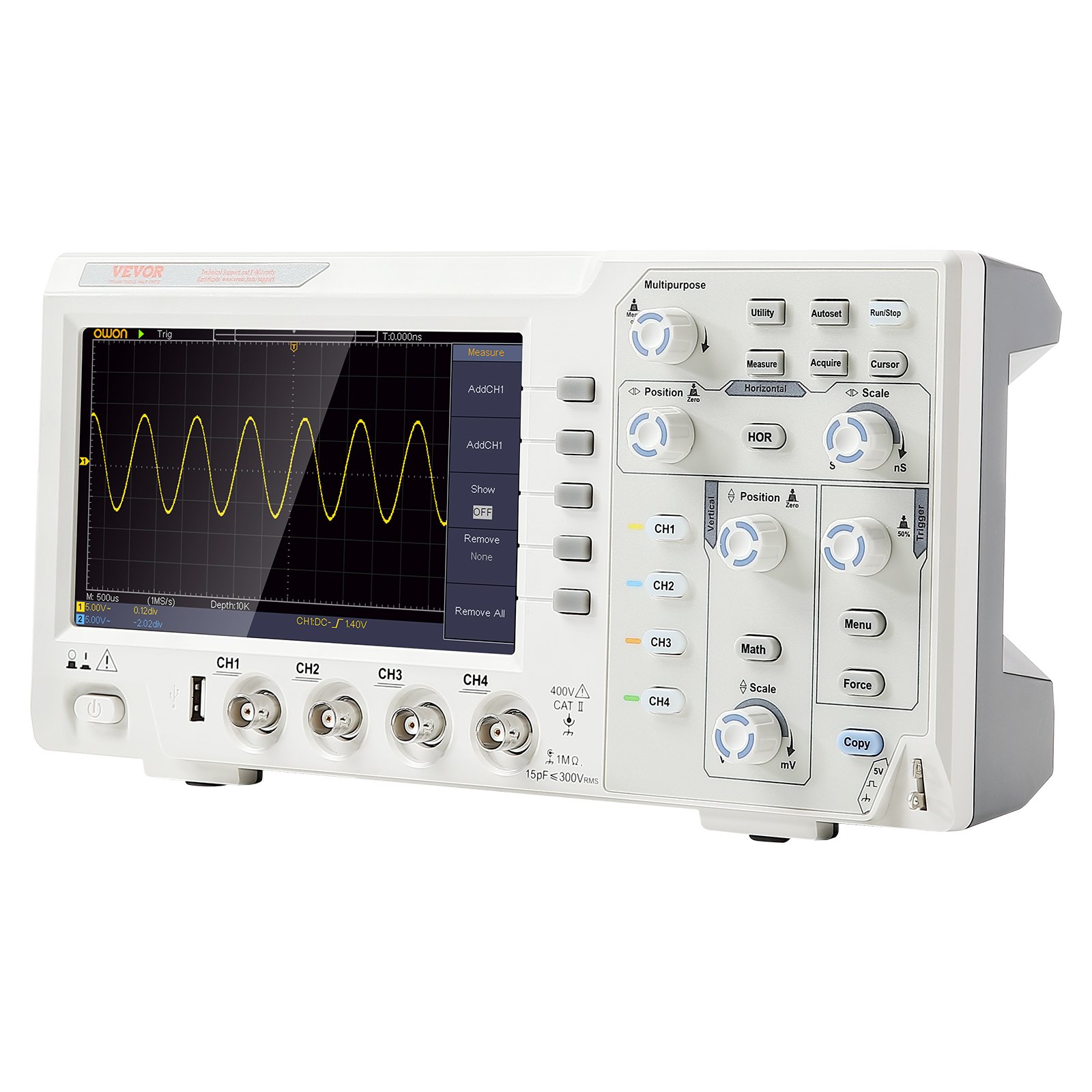 osciloscopio VEVOR con pantalla y múltiples controles en un diseño blanco.