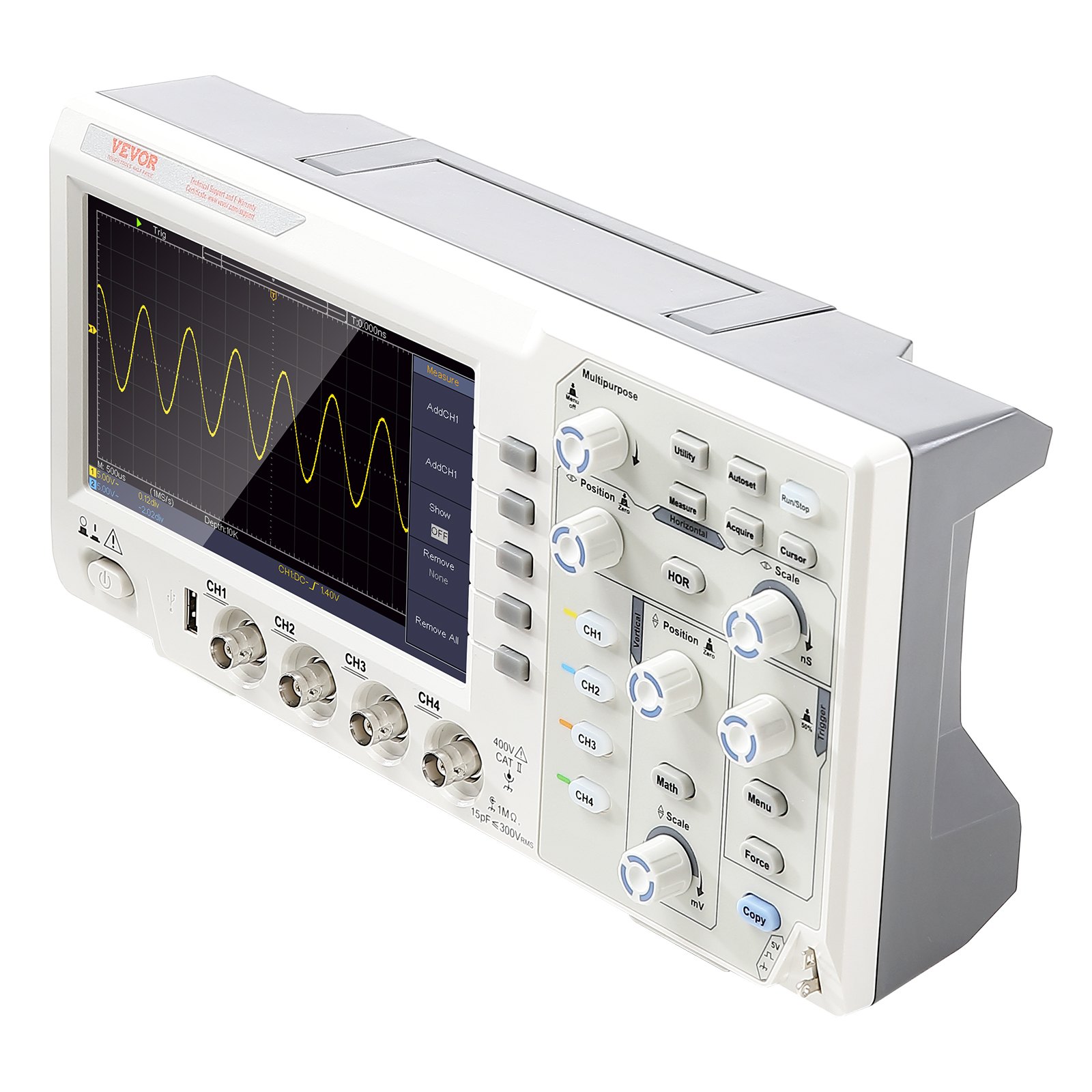 Osciloscopio digital VEVOR con pantalla gráfica, perillas de control y entradas de múltiples canales.