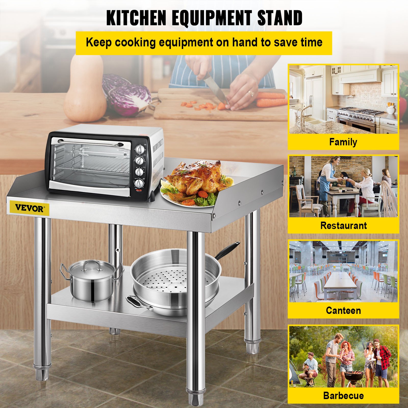 Parrilla de acero inoxidable VEVOR con equipamiento de cocina y alimentos, ideal para múltiples usos.