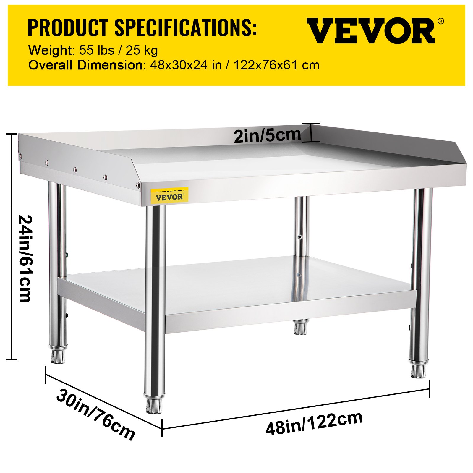 Soporte de parrilla de acero inoxidable VEVOR con dimensiones de 48 x 30 x 24 pulgadas y protector contra salpicaduras de 2 pulgadas.