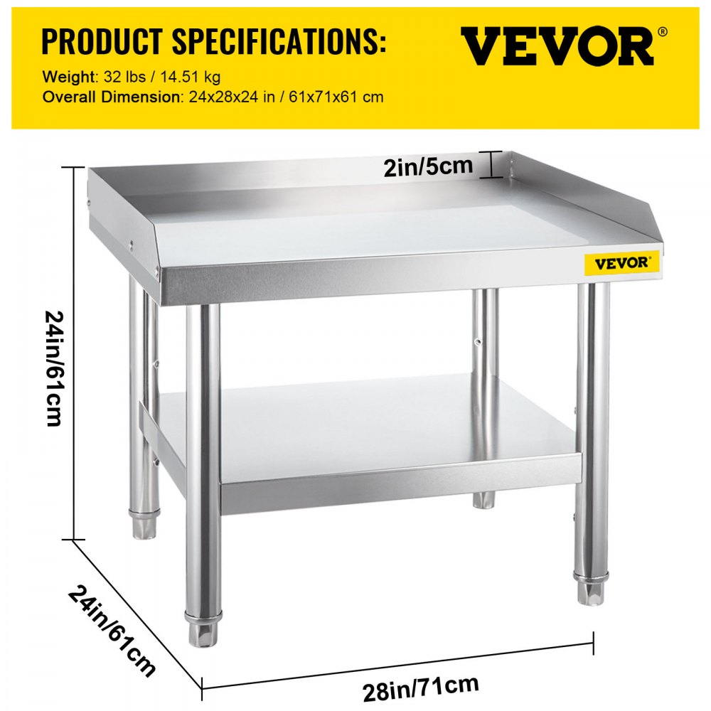 Soporte de parrilla de acero inoxidable VEVOR con dimensiones y especificaciones del producto.