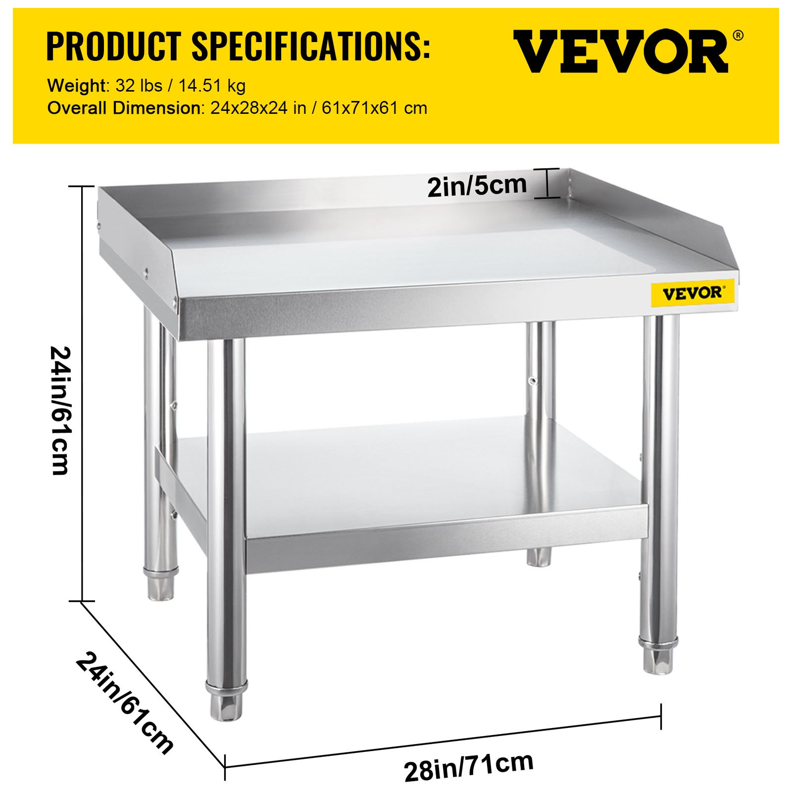 Soporte de parrilla de acero inoxidable VEVOR con dimensiones y especificaciones del producto.