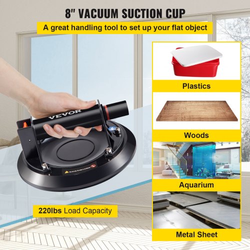 Ventosa de vidrio VEVOR, ventosa de vacío de 8 pulgadas, elevador de vidrio al vacío con capacidad de carga de 220 libras con mango de plástico, elevador de vidrio de mano resistente para levantamiento de granito y vidrio (con un estuche gratis)