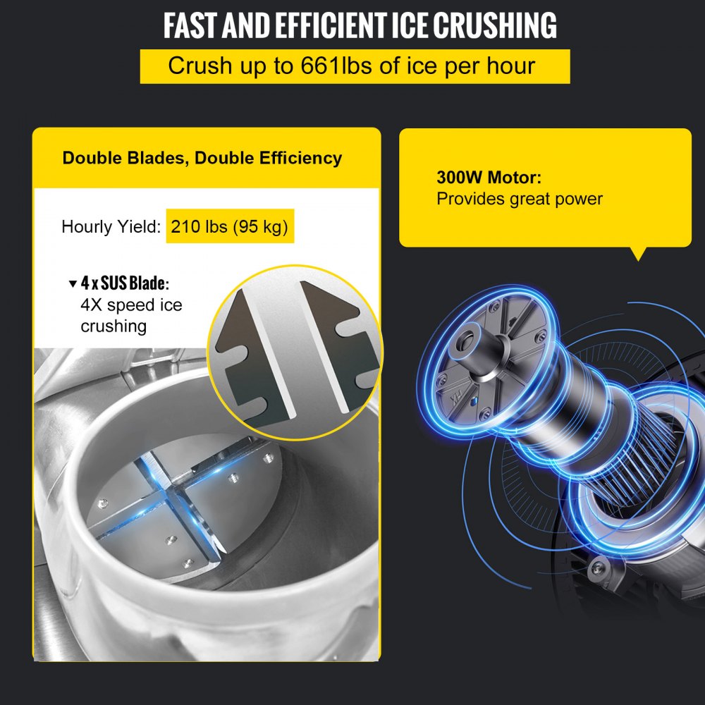 VEVOR Trituradora de hielo eléctrica de 110 V, máquina para hacer conos de nieve de 300 W, 1450 RPM, con cuchillas dobles de acero inoxidable, 210 lb/h, máquina de hielo afeitado con placa de hielo y cuchilla adicional para uso doméstico y comercial