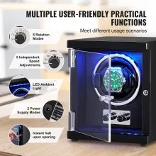 VEVOR Enrollador de Reloj, Enrollador de Reloj Individual para Reloj Automático para Hombres y Mujeres, con Motor Mabuchi Japonés Súper Silencioso, Luz LED Azul y Adaptador, Carcasa de Tablero de Alta