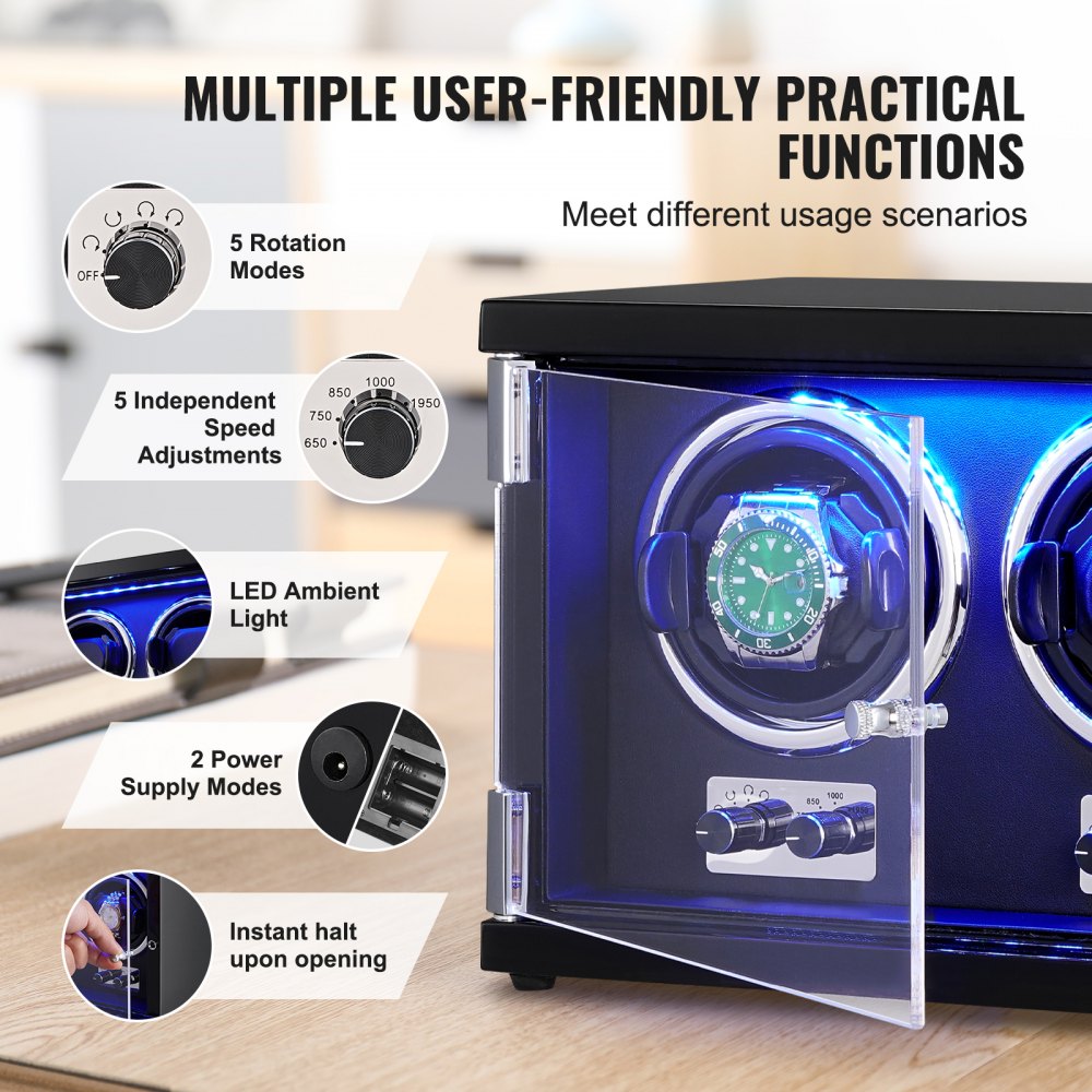 VEVOR Enrollador de Reloj, Enrollador de Reloj Doble para Reloj Automático para Hombres y Mujeres, con 2 Motores Mabuchi Japoneses Súper Silenciosos, Luz LED Azul y Adaptador, Carcasa de Tablero de Al