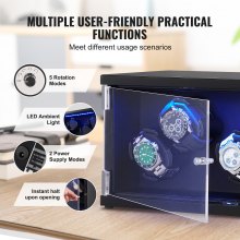 VEVOR Watch Winder, Watch Winder para 4 Relojes Automáticos para Hombres y Mujeres, con 2 Motores Mabuchi Japoneses Súper Silenciosos, Luz LED Azul y Adaptador, Carcasa de Tablero de Alta Densidad y PU Negro