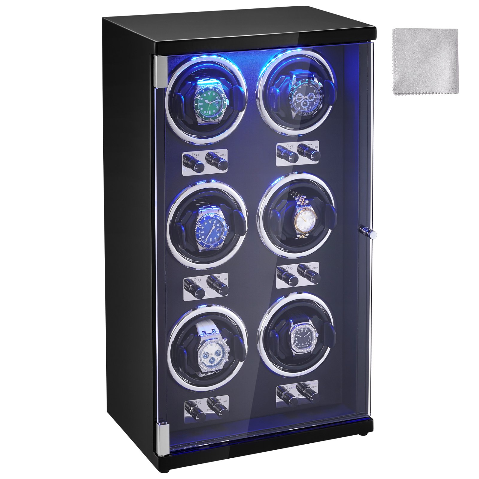 Caja giratoria para relojes VEVOR, para 6 relojes automáticos de hombre y mujer, con 6 motores japoneses Mabuchi supersilenciosos, luz LED azul y adaptador, carcasa de cartón de alta densidad y PU negro.