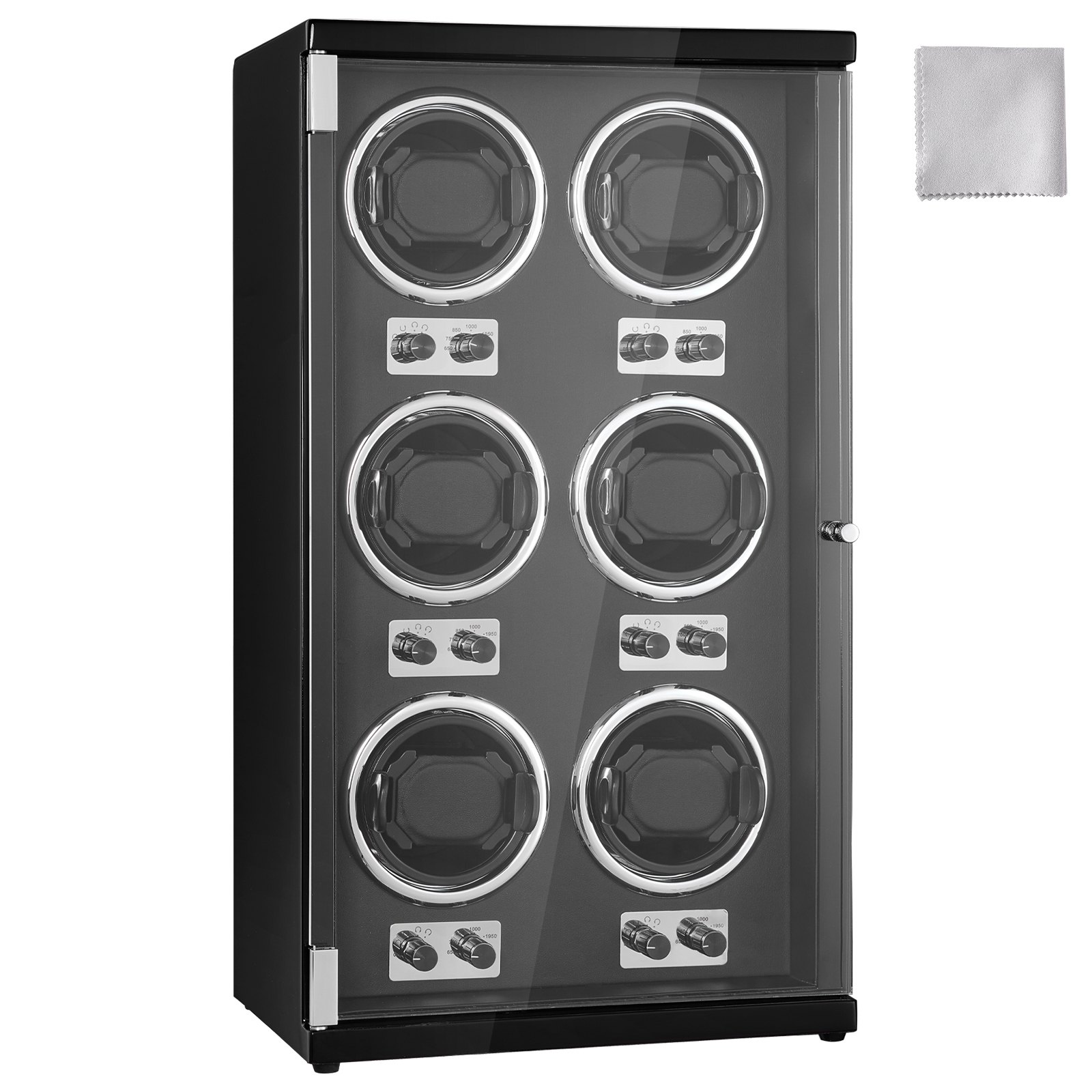 Caja giratoria para relojes VEVOR, para 6 relojes automáticos de hombre y mujer, con 6 motores japoneses Mabuchi supersilenciosos, luz LED azul y adaptador, carcasa de cartón de alta densidad y PU negro.