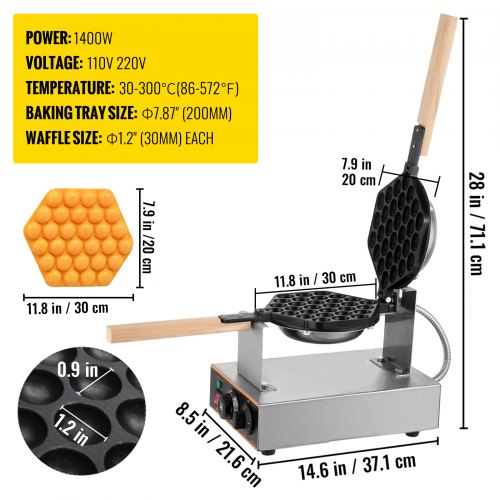 VEVOR Gofrera Máquina de Gofre de Acero Inoxidable para Hacer Bubble Waffles Girario 180 Grado con Mango de Madera