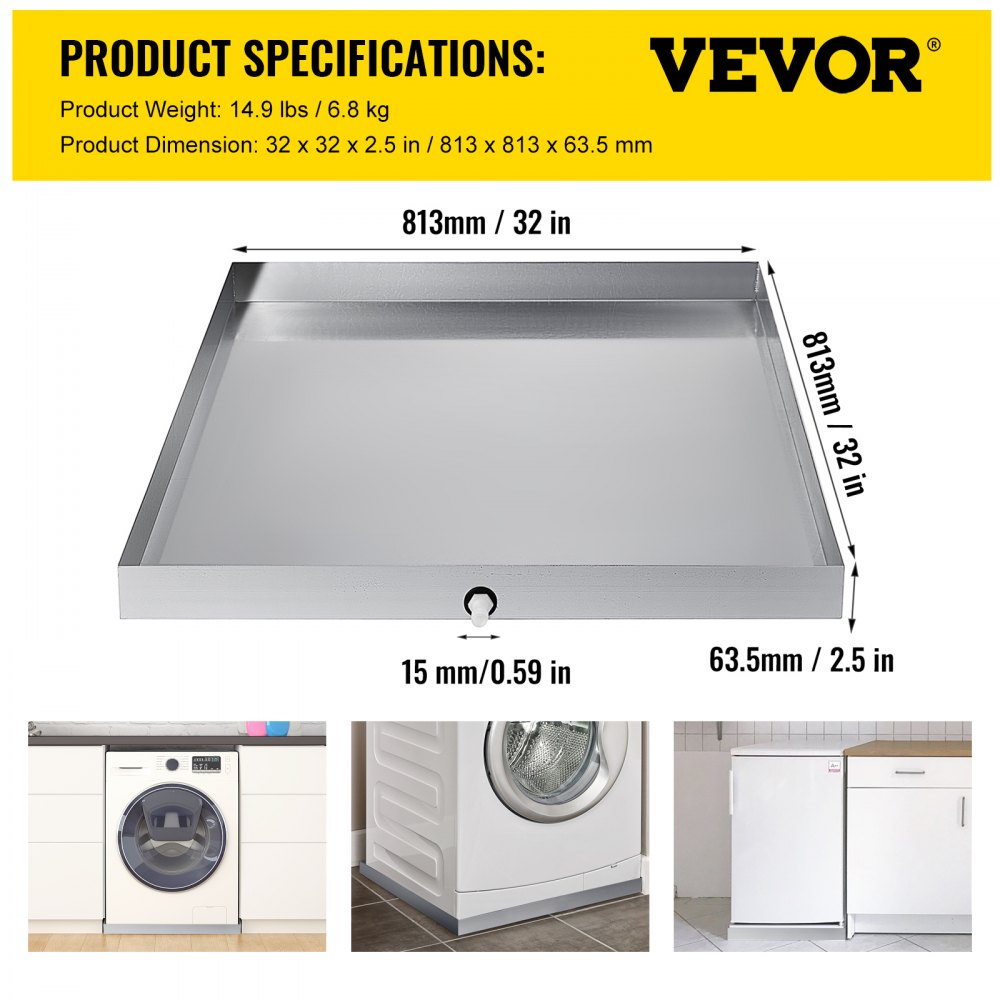 Cuna de lavadora VEVOR con dimensiones de 32 pulgadas y 2,5 pulgadas de altura.