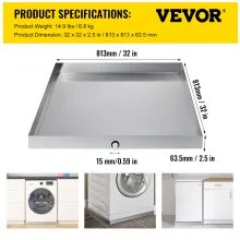 VEVOR - Bandeja para lavadora de 32 x 32 x 2,5 pulgadas, 18 GA de grosor, acero inoxidable 304, resistente, compacta, bandeja de goteo para lavadora con orificio de drenaje y adaptador de manguera