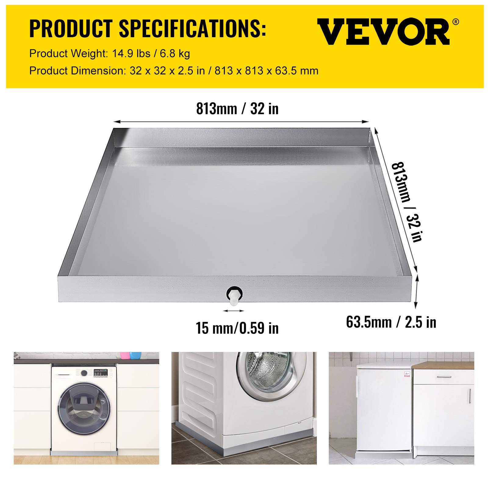 Cuna de lavadora VEVOR con dimensiones de 32 pulgadas y 2,5 pulgadas de altura.