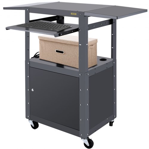 VEVOR AV Cart, 27-41" Altura ajustable Media Cart con 2 11 x 17.7" Drop Leaves, 150 LBS Capacidad Presentation Cart con un gabinete con cerradura, 25 x 18" Steel Projector Cart con una bandeja para teclado