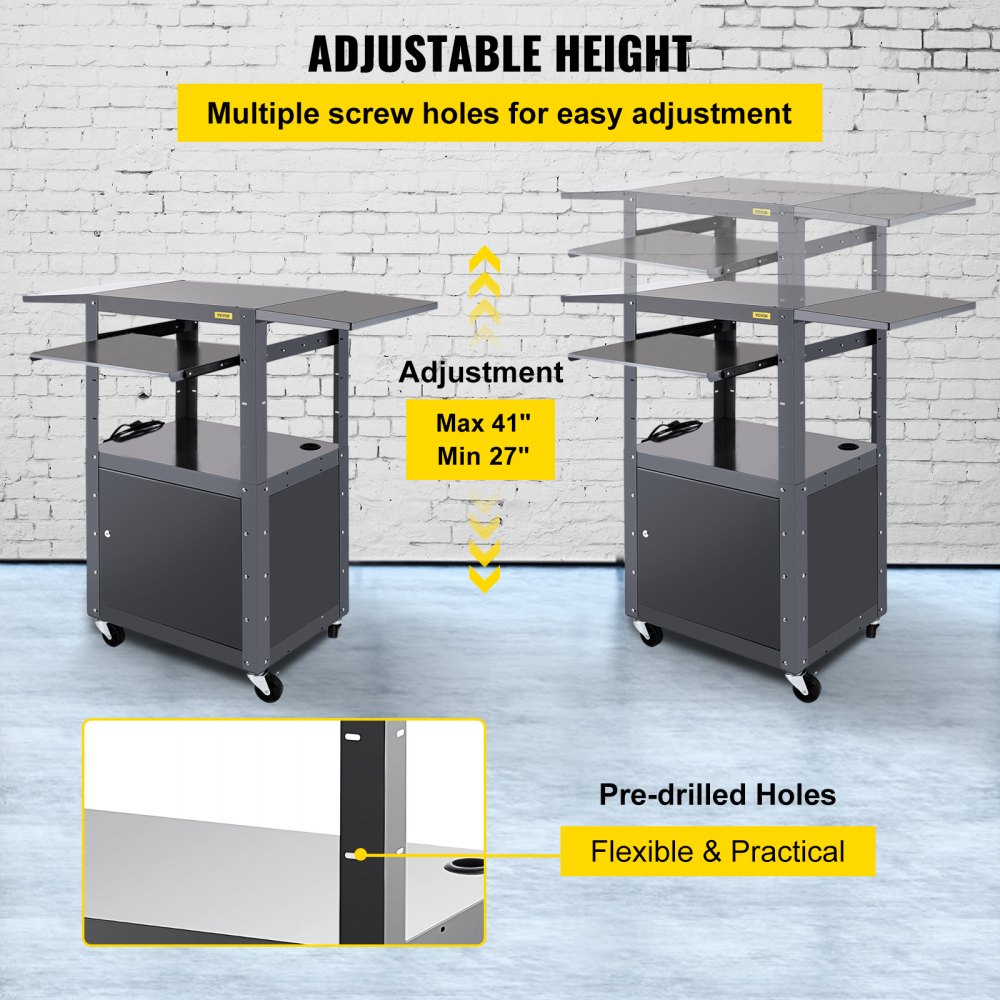VEVOR AV Cart, 27-41" Altura ajustable Media Cart con 2 11 x 17.7" Drop Leaves, 150 LBS Capacidad Presentation Cart con un gabinete con cerradura, 25 x 18" Steel Projector Cart con una bandeja para teclado