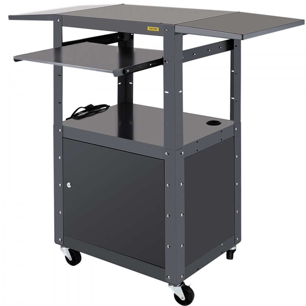 VEVOR AV Cart, 27-41" Altura ajustable Media Cart con 2 11 x 17.7" Drop Leaves, 150 LBS Capacidad Presentation Cart con un gabinete con cerradura, 25 x 18" Steel Projector Cart con una bandeja para teclado