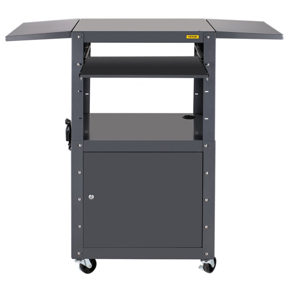 VEVOR AV Cart, 27-41" Altura ajustable Media Cart con 2 11 x 17.7" Drop Leaves, 150 LBS Capacidad Presentation Cart con un gabinete con cerradura, 25 x 18" Steel Projector Cart con una bandeja para teclado