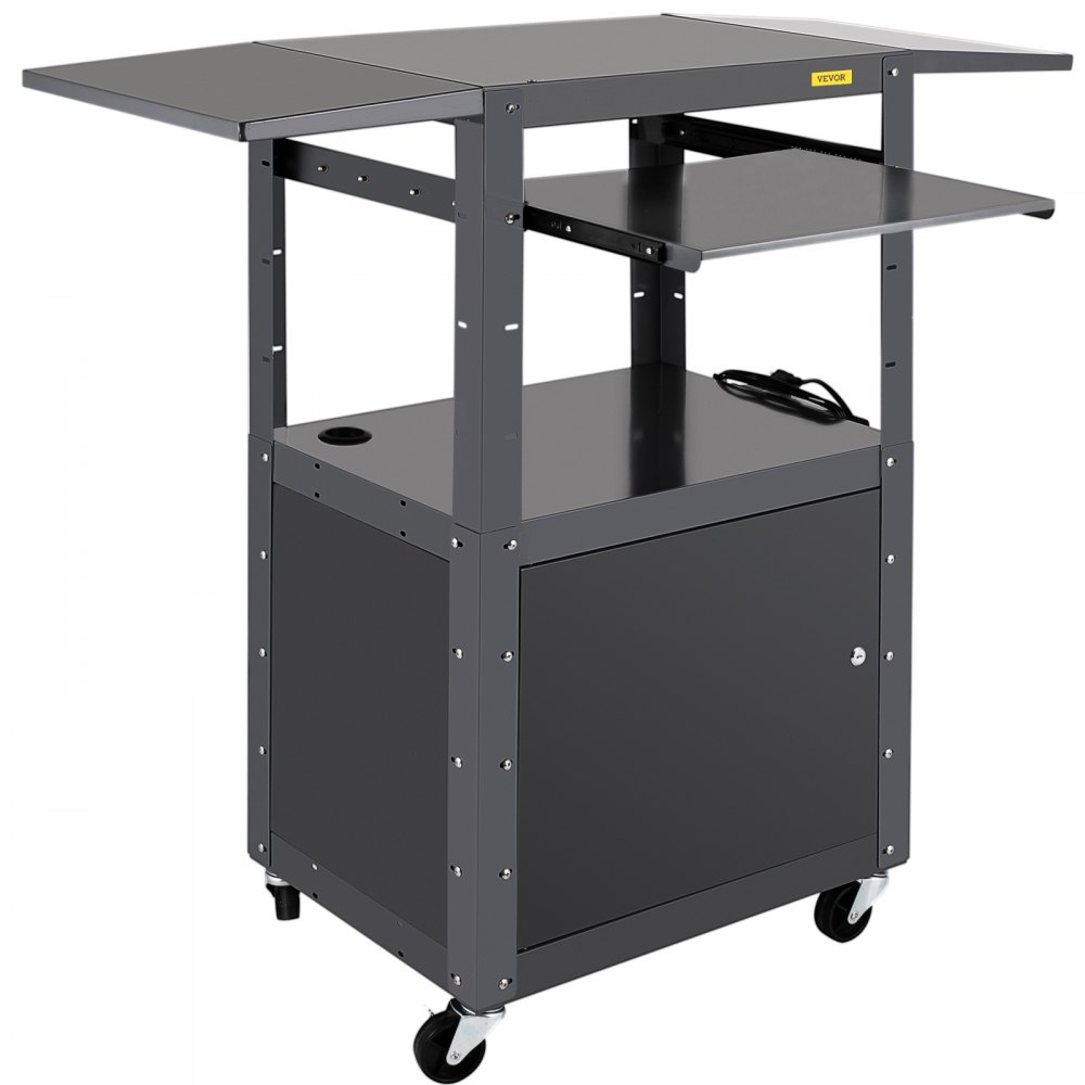 VEVOR AV Cart, 27-41" Altura ajustable Media Cart con 2 11 x 17.7" Drop Leaves, 150 LBS Capacidad Presentation Cart con un gabinete con cerradura, 25 x 18" Steel Projector Cart con una bandeja para teclado