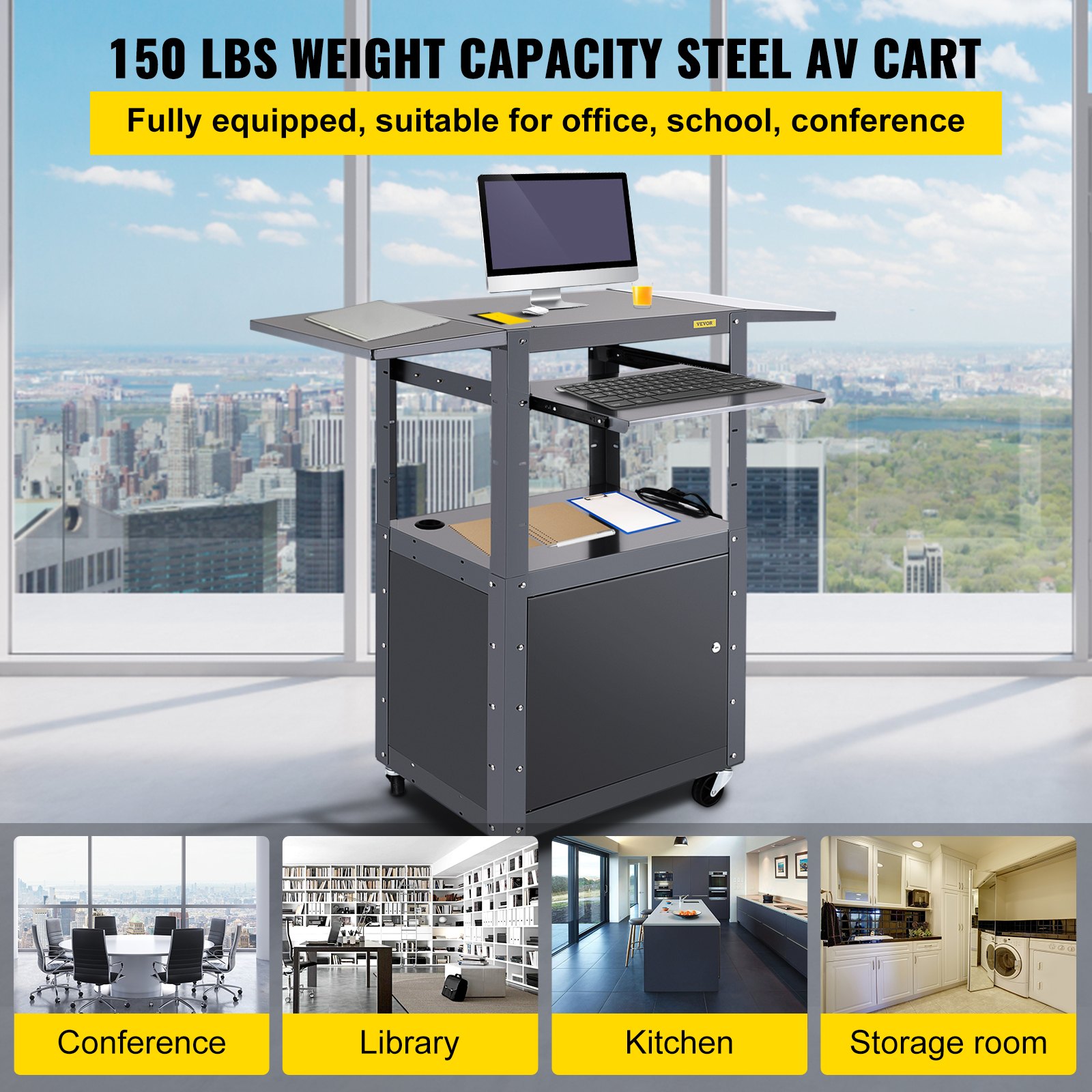 VEVOR AV Cart, 27-41" Altura ajustable Media Cart con 2 11 x 17.7" Drop Leaves, 150 LBS Capacidad Presentation Cart con un gabinete con cerradura, 25 x 18" Steel Projector Cart con una bandeja para teclado