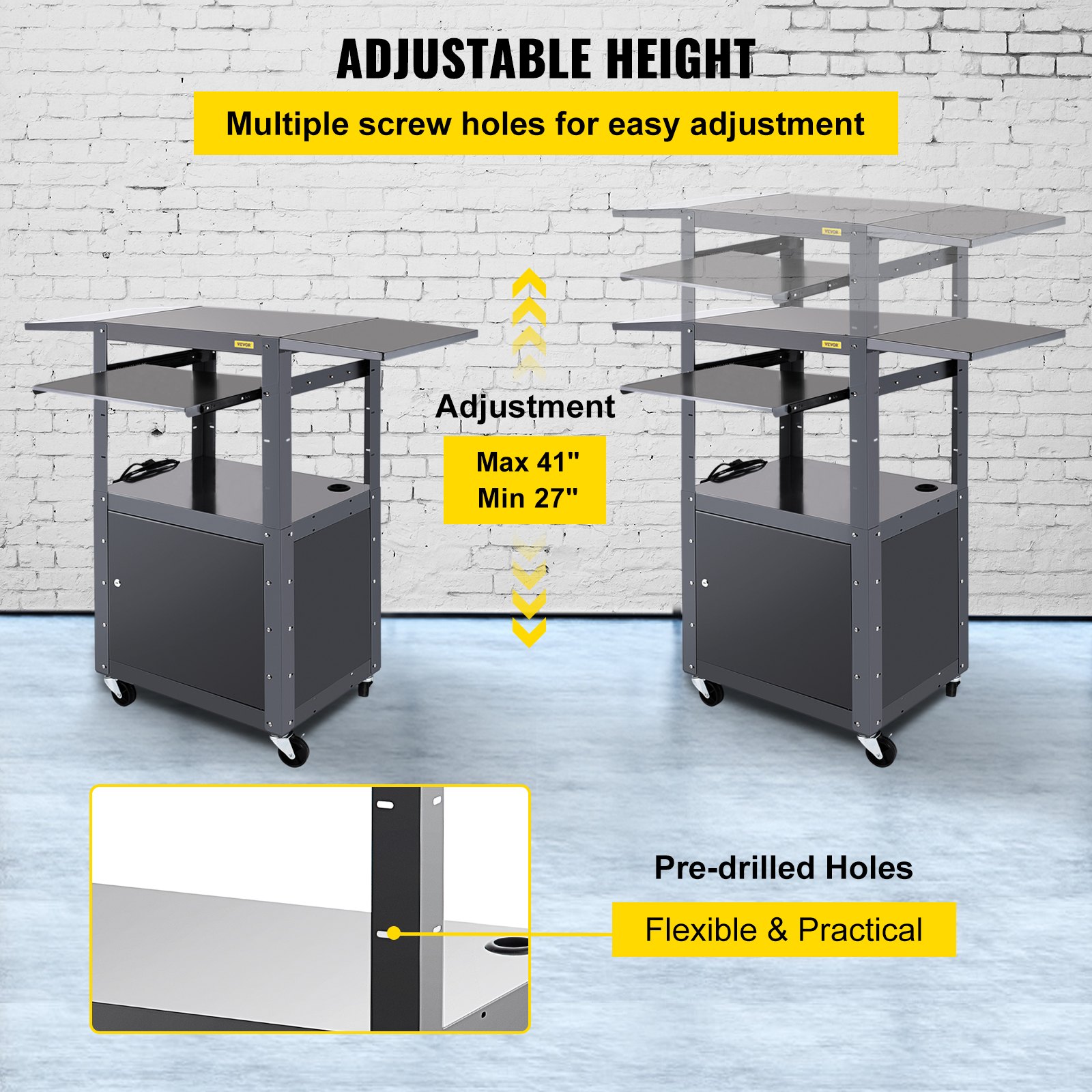 VEVOR AV Cart, 27-41" Altura ajustable Media Cart con 2 11 x 17.7" Drop Leaves, 150 LBS Capacidad Presentation Cart con un gabinete con cerradura, 25 x 18" Steel Projector Cart con una bandeja para teclado