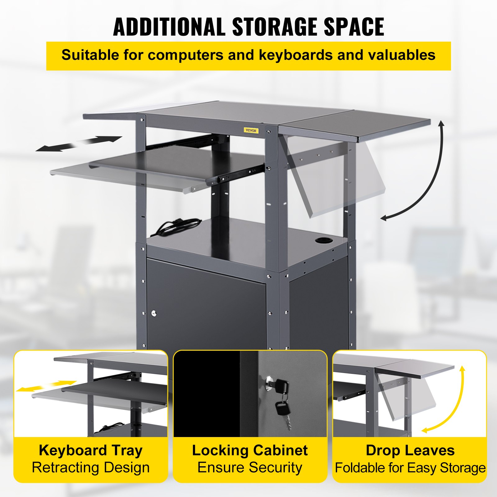 VEVOR AV Cart, 27-41" Altura ajustable Media Cart con 2 11 x 17.7" Drop Leaves, 150 LBS Capacidad Presentation Cart con un gabinete con cerradura, 25 x 18" Steel Projector Cart con una bandeja para teclado