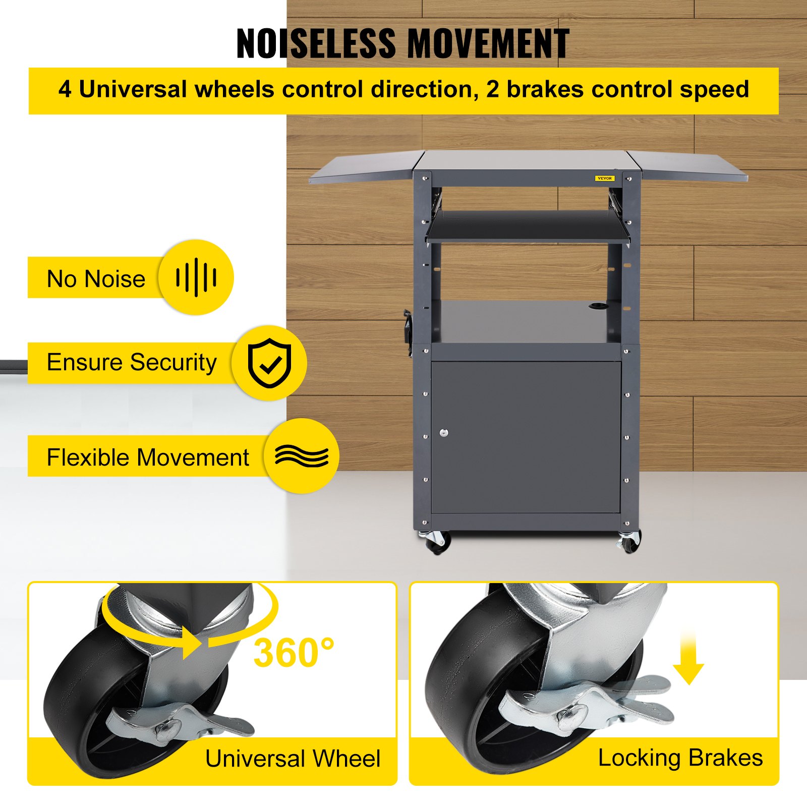 VEVOR AV Cart, 27-41" Altura ajustable Media Cart con 2 11 x 17.7" Drop Leaves, 150 LBS Capacidad Presentation Cart con un gabinete con cerradura, 25 x 18" Steel Projector Cart con una bandeja para teclado
