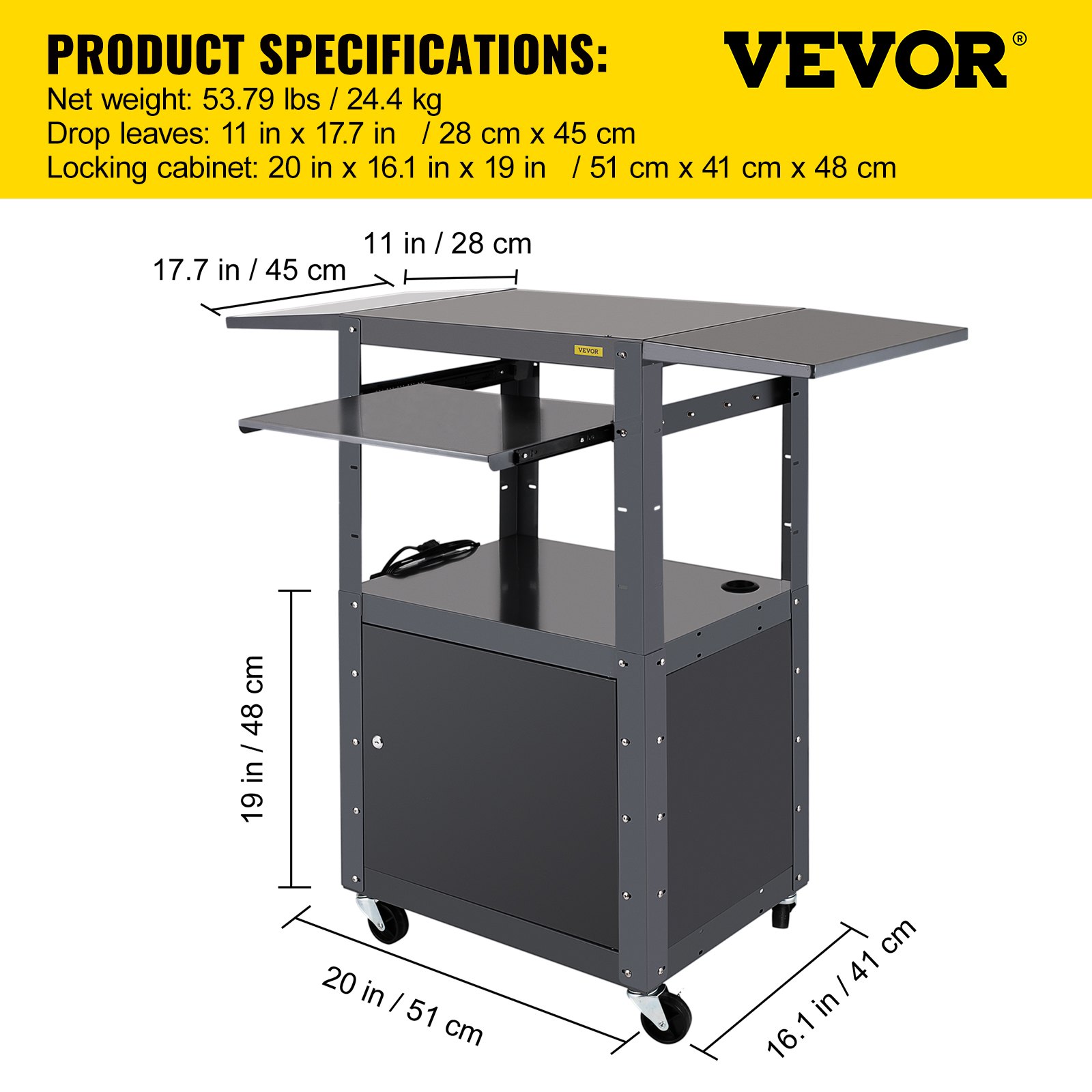 VEVOR AV Cart, 27-41" Altura ajustable Media Cart con 2 11 x 17.7" Drop Leaves, 150 LBS Capacidad Presentation Cart con un gabinete con cerradura, 25 x 18" Steel Projector Cart con una bandeja para teclado