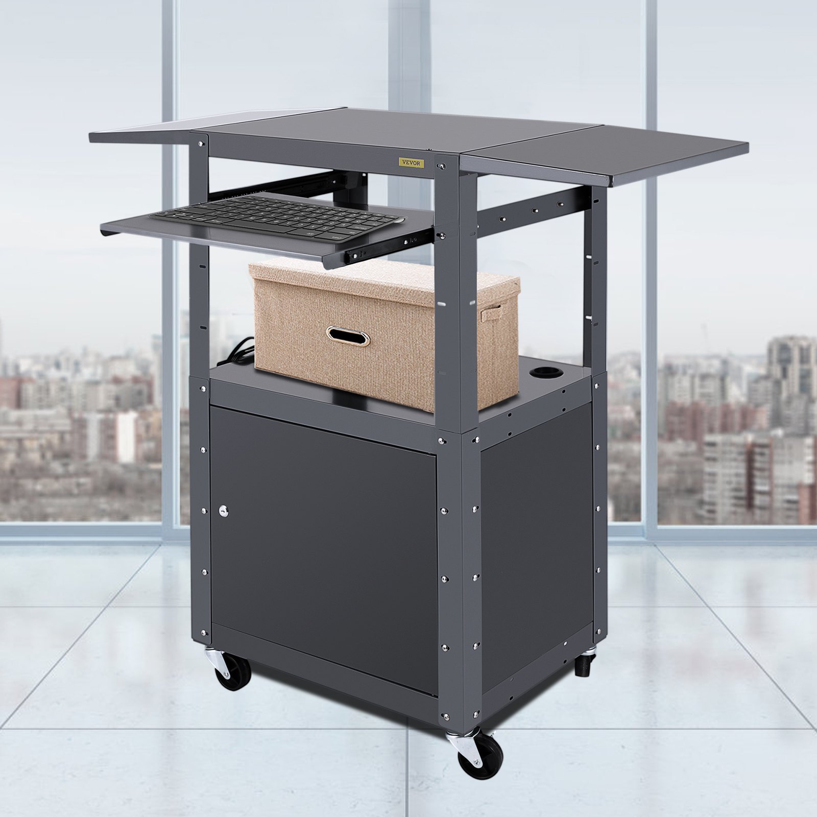 VEVOR AV Cart, 27-41" Altura ajustable Media Cart con 2 11 x 17.7" Drop Leaves, 150 LBS Capacidad Presentation Cart con un gabinete con cerradura, 25 x 18" Steel Projector Cart con una bandeja para teclado