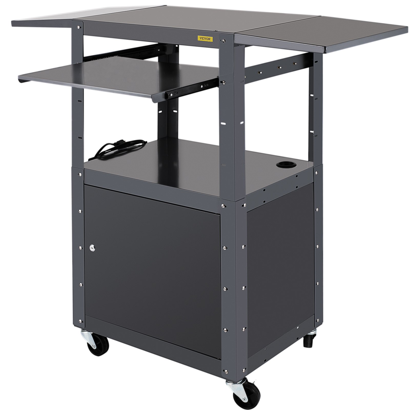 VEVOR AV Cart, 27-41" Altura ajustable Media Cart con 2 11 x 17.7" Drop Leaves, 150 LBS Capacidad Presentation Cart con un gabinete con cerradura, 25 x 18" Steel Projector Cart con una bandeja para teclado