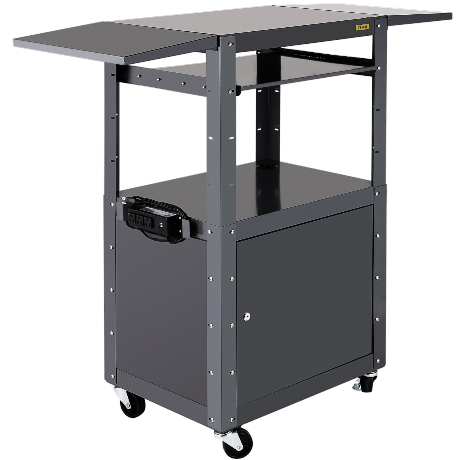 VEVOR AV Cart, 27-41" Altura ajustable Media Cart con 2 11 x 17.7" Drop Leaves, 150 LBS Capacidad Presentation Cart con un gabinete con cerradura, 25 x 18" Steel Projector Cart con una bandeja para teclado