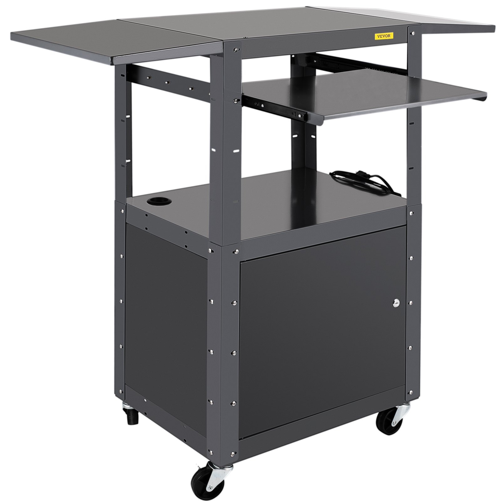 VEVOR AV Cart, 27-41" Altura ajustable Media Cart con 2 11 x 17.7" Drop Leaves, 150 LBS Capacidad Presentation Cart con un gabinete con cerradura, 25 x 18" Steel Projector Cart con una bandeja para teclado