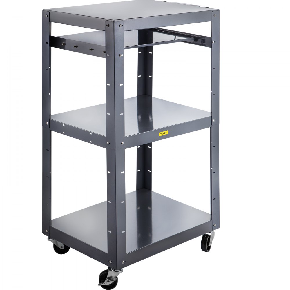 Carro AV de acero VEVOR, carro de medios de altura ajustable de 27 a 41 pulgadas con bandeja de teclado retráctil de 19 x 14 pulgadas, carro de presentación de 24 x 18 pulgadas con 3 estantes, capacidad de peso de 150 libras adecuado para la oficina y la escuela