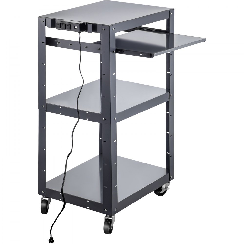 Carro AV de acero VEVOR, carro de medios de altura ajustable de 27 a 41 pulgadas con bandeja de teclado retráctil de 19 x 14 pulgadas, carro de presentación de 24 x 18 pulgadas con 3 estantes, capacidad de peso de 150 libras adecuado para la oficina y la escuela