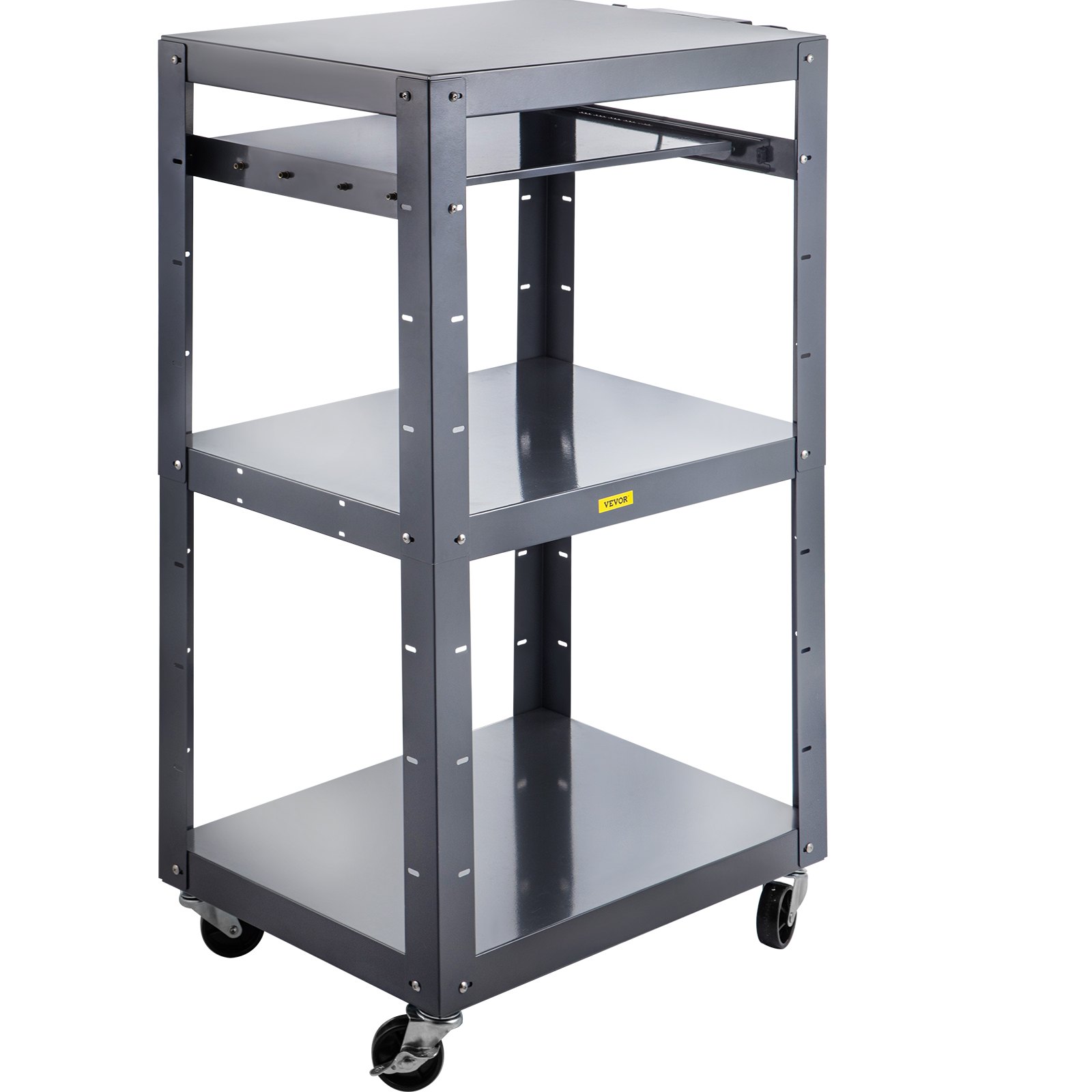 Carro AV de acero VEVOR, carro de medios de altura ajustable de 27 a 41 pulgadas con bandeja de teclado retráctil de 19 x 14 pulgadas, carro de presentación de 24 x 18 pulgadas con 3 estantes, capacidad de peso de 150 libras adecuado para la oficina y la escuela