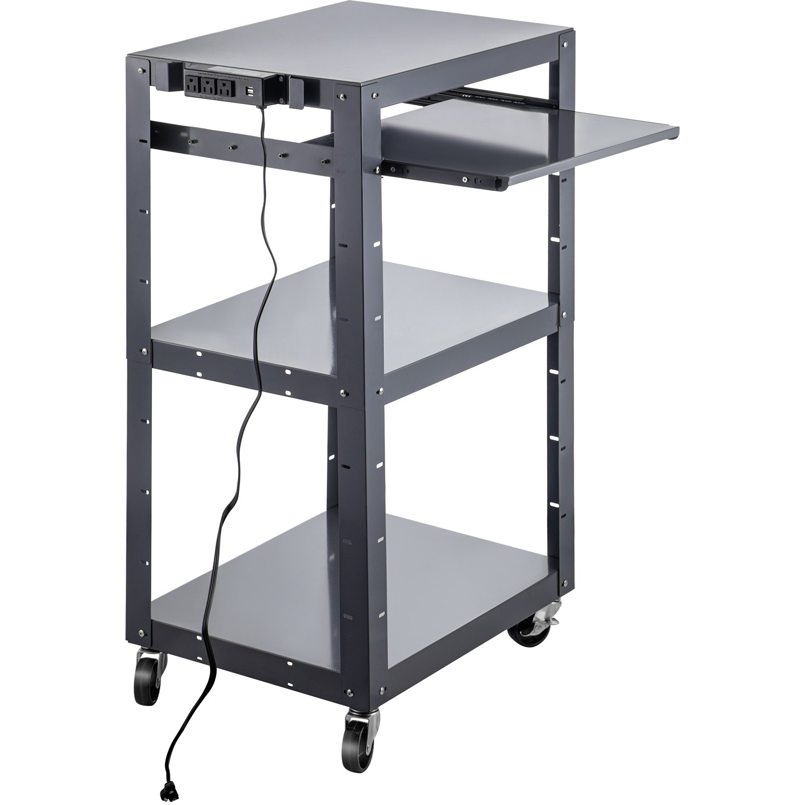 Carro AV de acero VEVOR, carro de medios de altura ajustable de 27 a 41 pulgadas con bandeja de teclado retráctil de 19 x 14 pulgadas, carro de presentación de 24 x 18 pulgadas con 3 estantes, capacidad de peso de 150 libras adecuado para la oficina y la escuela