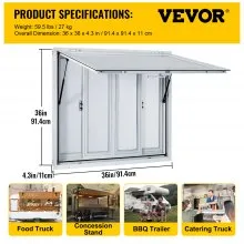 Ventana de concesión VEVOR, 36 x 36 pulgadas, ventana de servicio de camión de alimentos de aleación de aluminio con 4 ventanas de pantalla deslizantes horizontales y puerta de toldo y gancho de arrastre, ventana de servicio para remolques de concesión de camiones de alimentos
