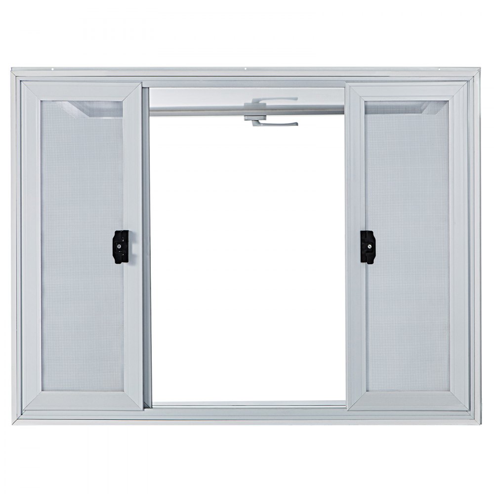 Ventana de concesión VEVOR de 122 x 91 cm, de aleación de aluminio, para servicio de food trucks, con 4 ventanas corredizas horizontales, puerta con toldo y gancho de arrastre. Ideal para food trucks y remolques de concesión.