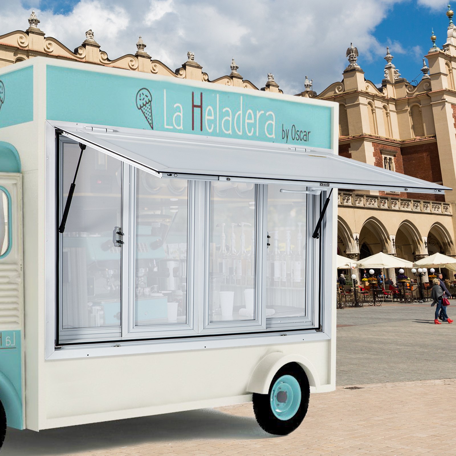 Ventana de concesión VEVOR de 122 x 91 cm, de aleación de aluminio, para servicio de food trucks, con 4 ventanas corredizas horizontales, puerta con toldo y gancho de arrastre. Ideal para food trucks y remolques de concesión.