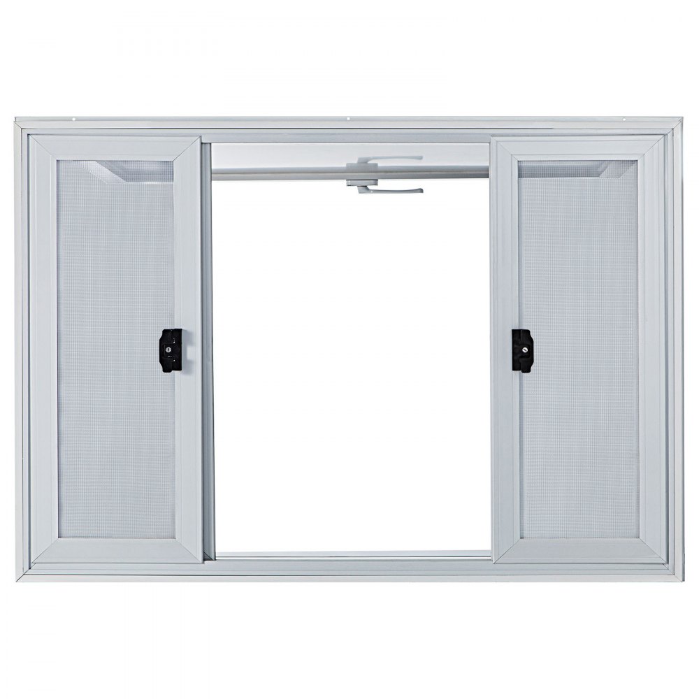Ventana de concesión VEVOR con paneles de vidrio corredizos dobles y marco de aluminio blanco.