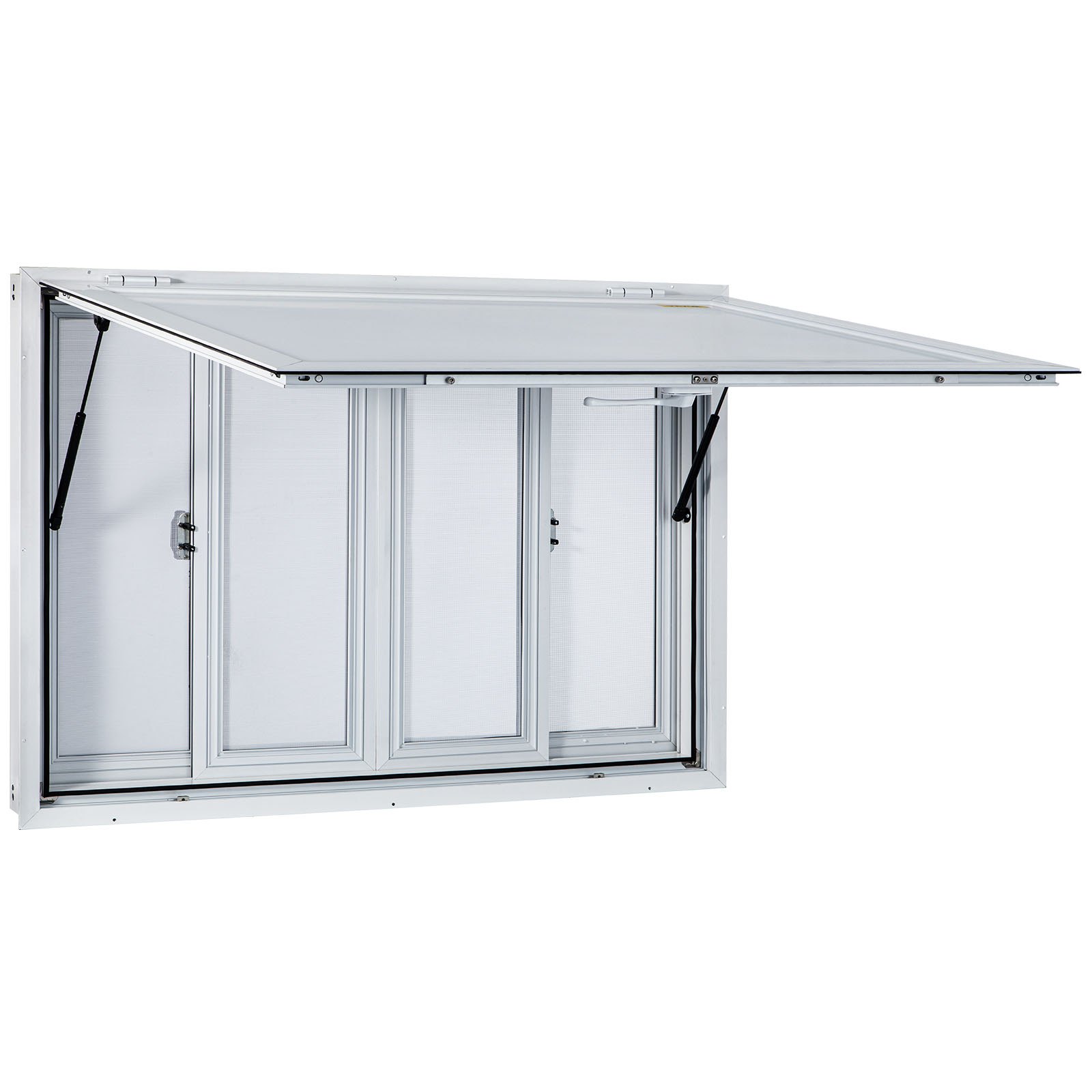 Ventana de concesión VEVOR con toldo y paneles de vidrio corredizos en marco blanco.