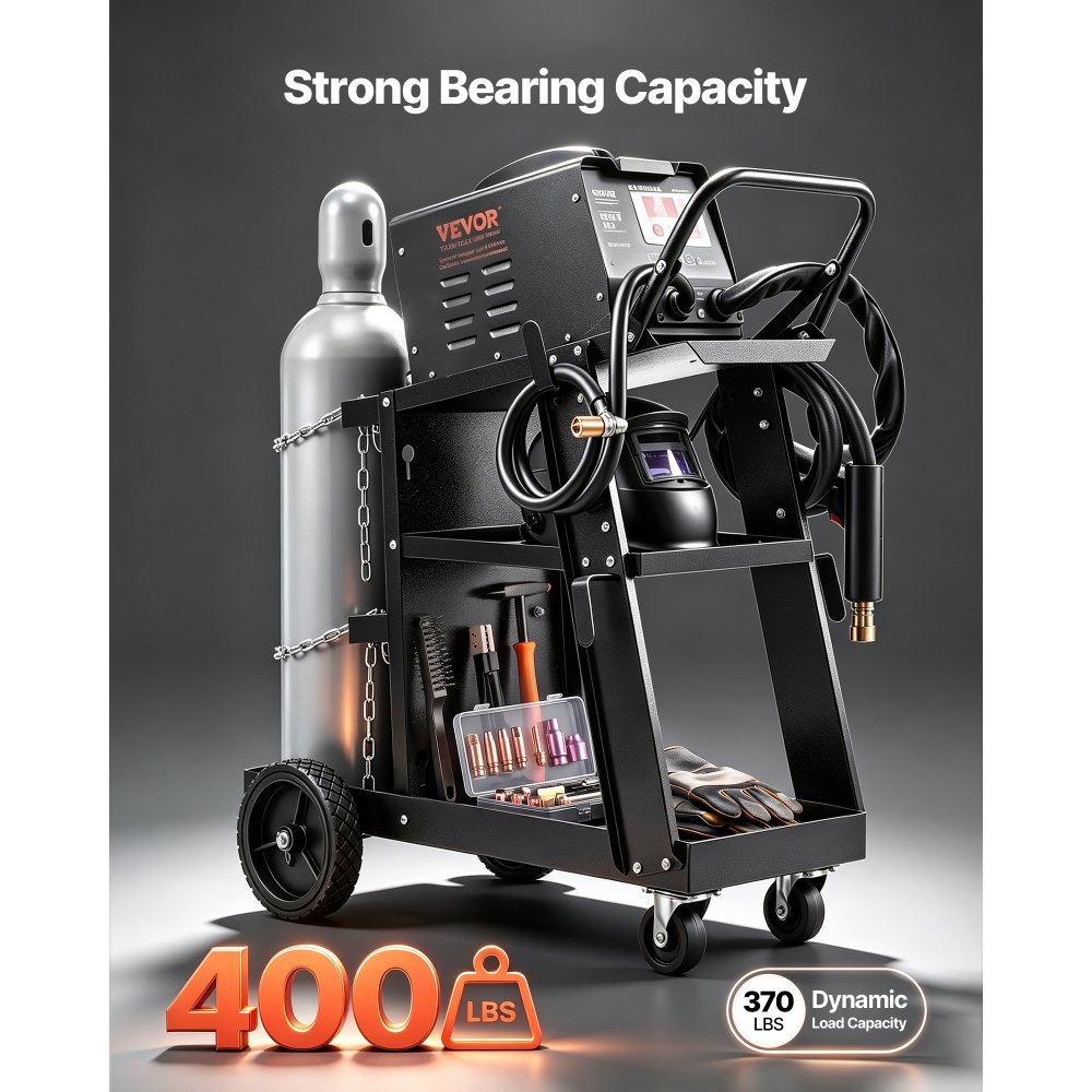 VEVOR Welding Cart, 3-Tier Welder Cart Heavy Duty with 400 Lbs Weight Capacity, 360° Swivel Wheels, Tank Storage Safety Chains, Rolling MIG Welder Cart for TIG, ARC, MMA, Plasma Cutter Welding Machine