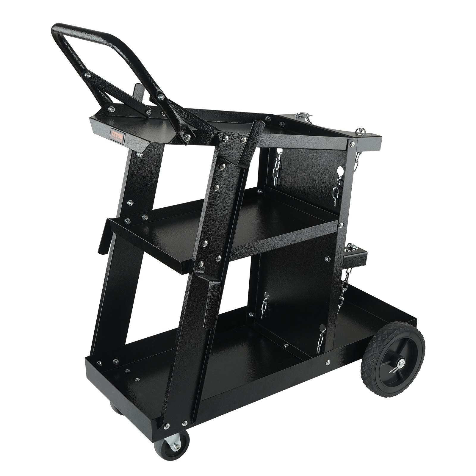 Carro de soldadura VEVOR de 3 niveles, resistente, con capacidad de 181 kg, ruedas giratorias de 360°, cadenas de seguridad para tanques, carro rodante para soldadora MIG, TIG, ARC, MMA y cortadora de plasma.