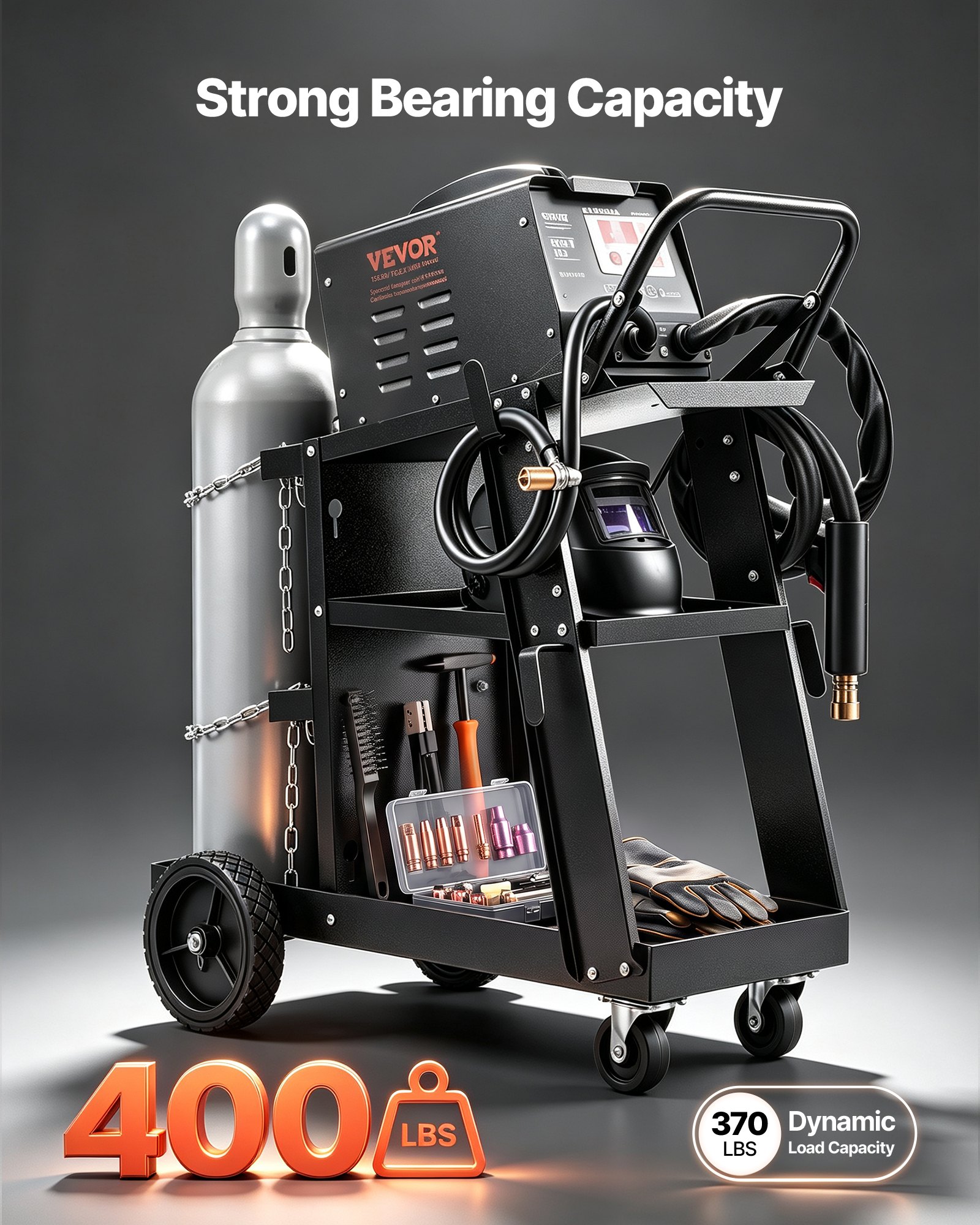 VEVOR Welding Cart, 3-Tier Welder Cart Heavy Duty with 400 Lbs Weight Capacity, 360° Swivel Wheels, Tank Storage Safety Chains, Rolling MIG Welder Cart for TIG, ARC, MMA, Plasma Cutter Welding Machine