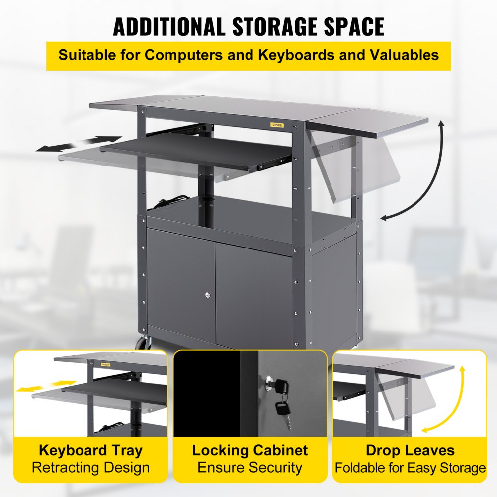 Carro AV VEVOR, carro de medios de altura ajustable de 27 a 41 pulgadas con 2 hojas colgantes, carro de presentación de capacidad de 150 libras con un gabinete con cerradura, carro de proyector de acero ensanchado de 33 x 18 pulgadas con una bandeja para teclado