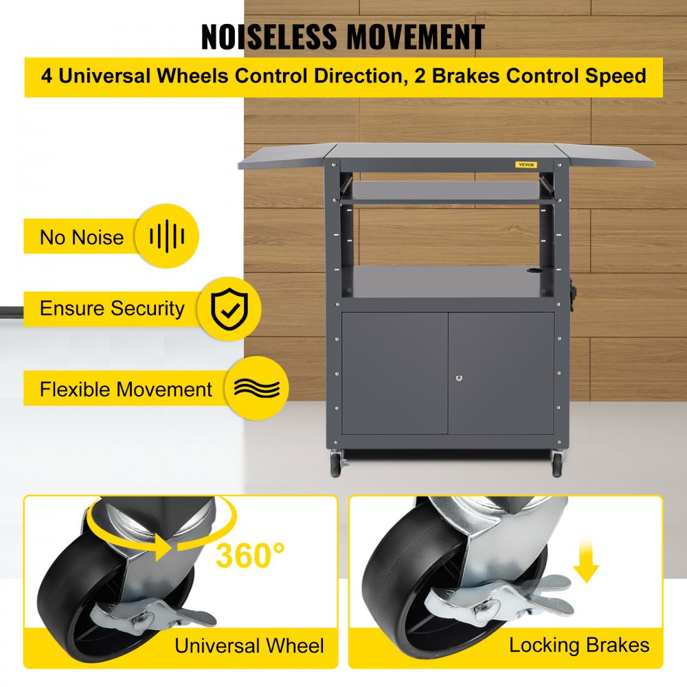 Carro AV VEVOR, carro de medios de altura ajustable de 27 a 41 pulgadas con 2 hojas colgantes, carro de presentación de capacidad de 150 libras con un gabinete con cerradura, carro de proyector de acero ensanchado de 33 x 18 pulgadas con una bandeja para teclado