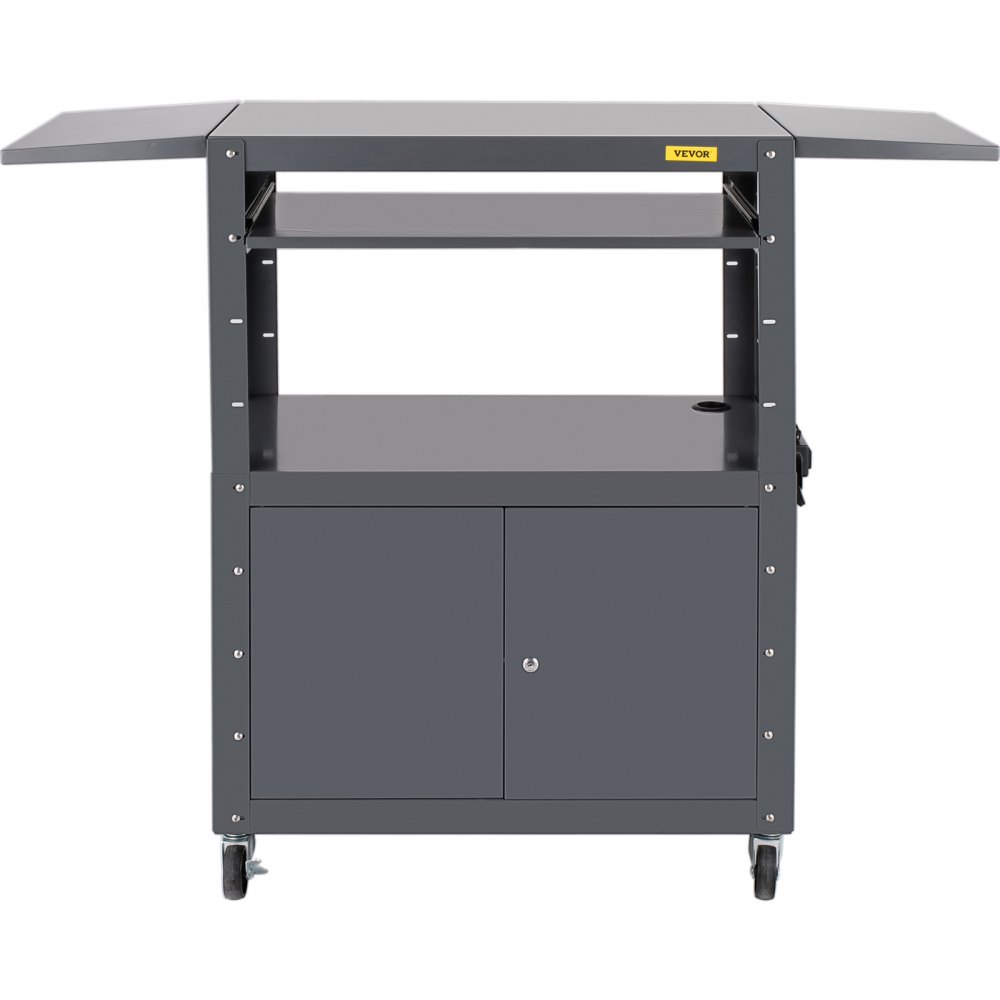Carro AV VEVOR, carro de medios de altura ajustable de 27 a 41 pulgadas con 2 hojas colgantes, carro de presentación de capacidad de 150 libras con un gabinete con cerradura, carro de proyector de acero ensanchado de 33 x 18 pulgadas con una bandeja para teclado