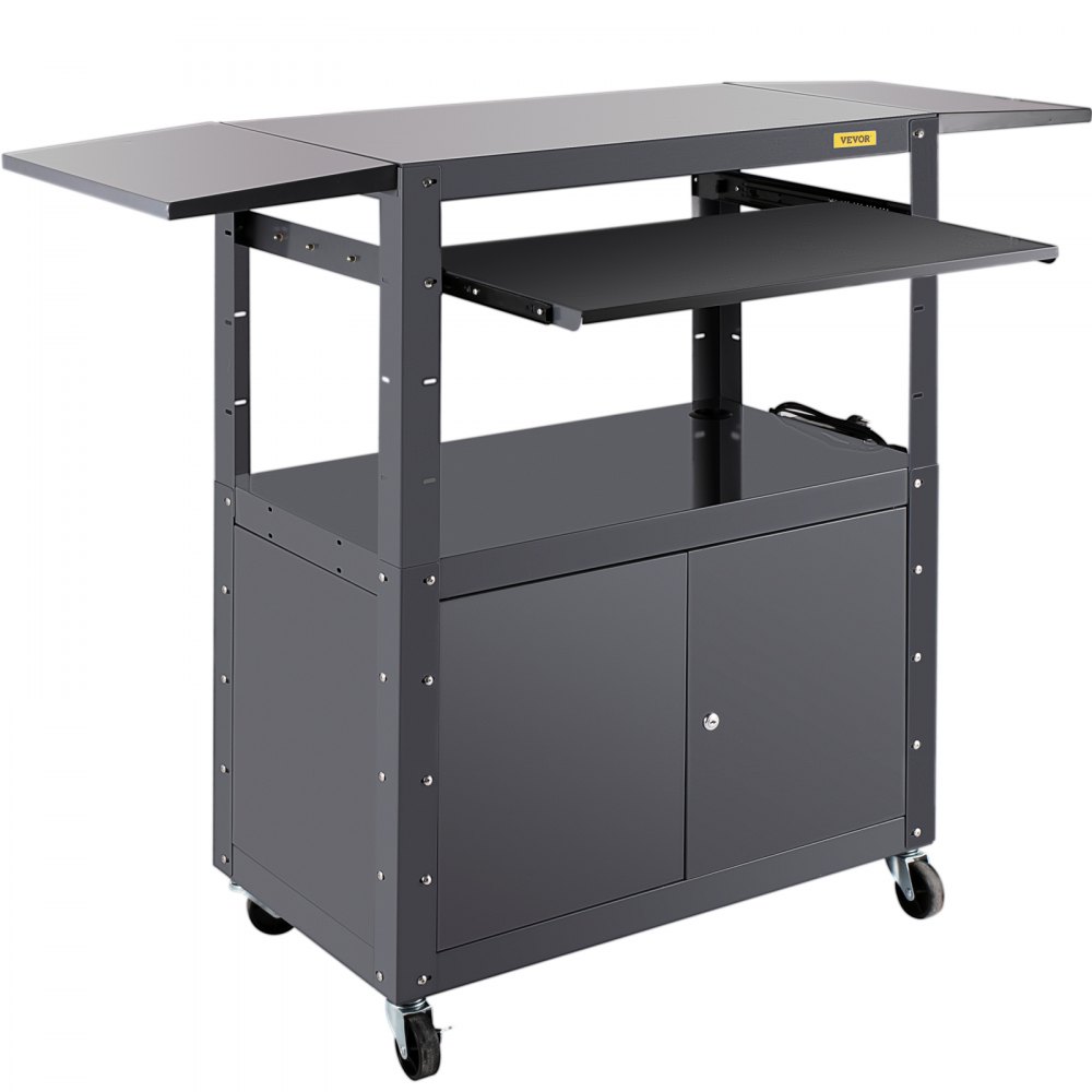 Carro AV VEVOR, carro de medios de altura ajustable de 27 a 41 pulgadas con 2 hojas colgantes, carro de presentación de capacidad de 150 libras con un gabinete con cerradura, carro de proyector de acero ensanchado de 33 x 18 pulgadas con una bandeja para teclado
