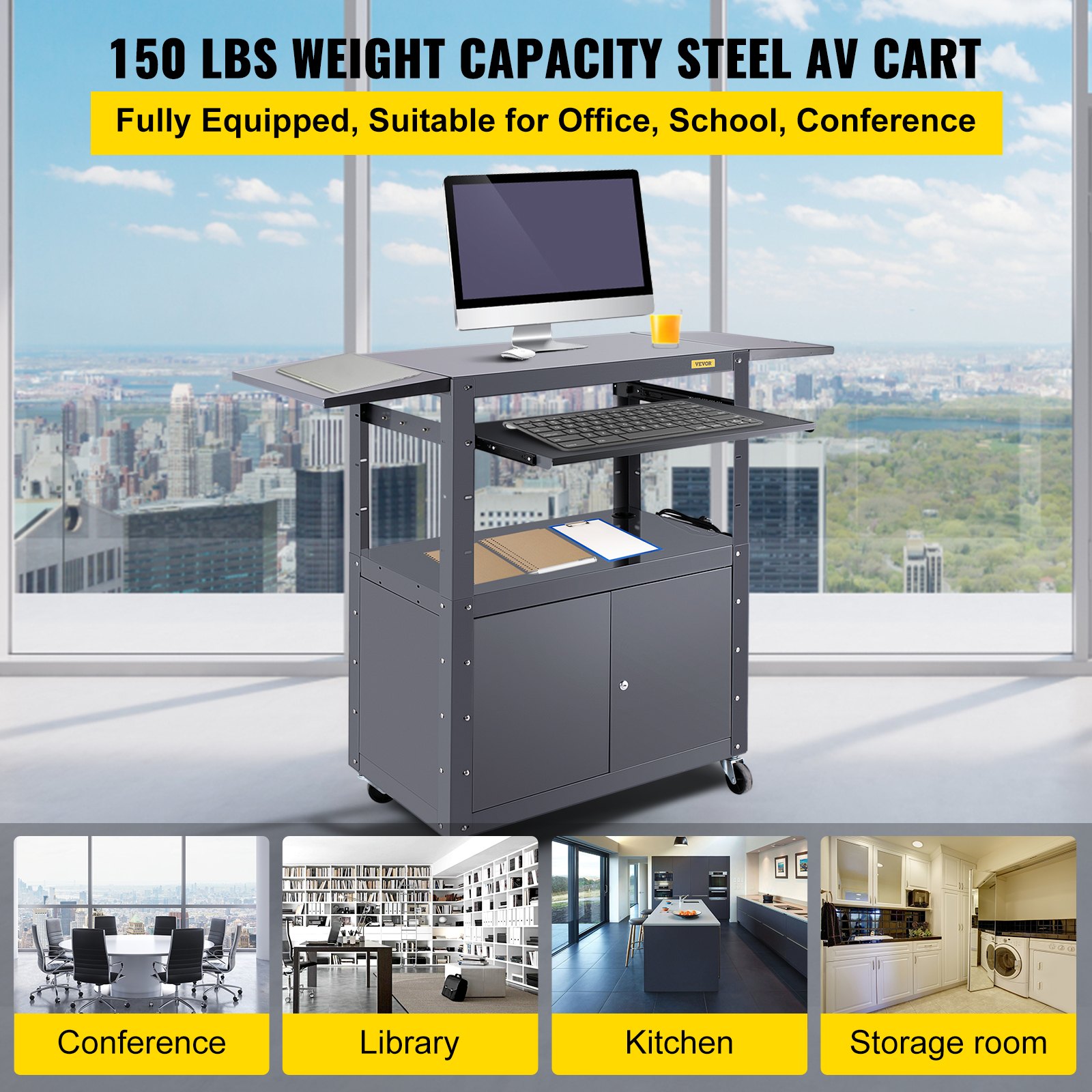 Carro AV VEVOR, carro de medios de altura ajustable de 27 a 41 pulgadas con 2 hojas colgantes, carro de presentación de capacidad de 150 libras con un gabinete con cerradura, carro de proyector de acero ensanchado de 33 x 18 pulgadas con una bandeja para teclado