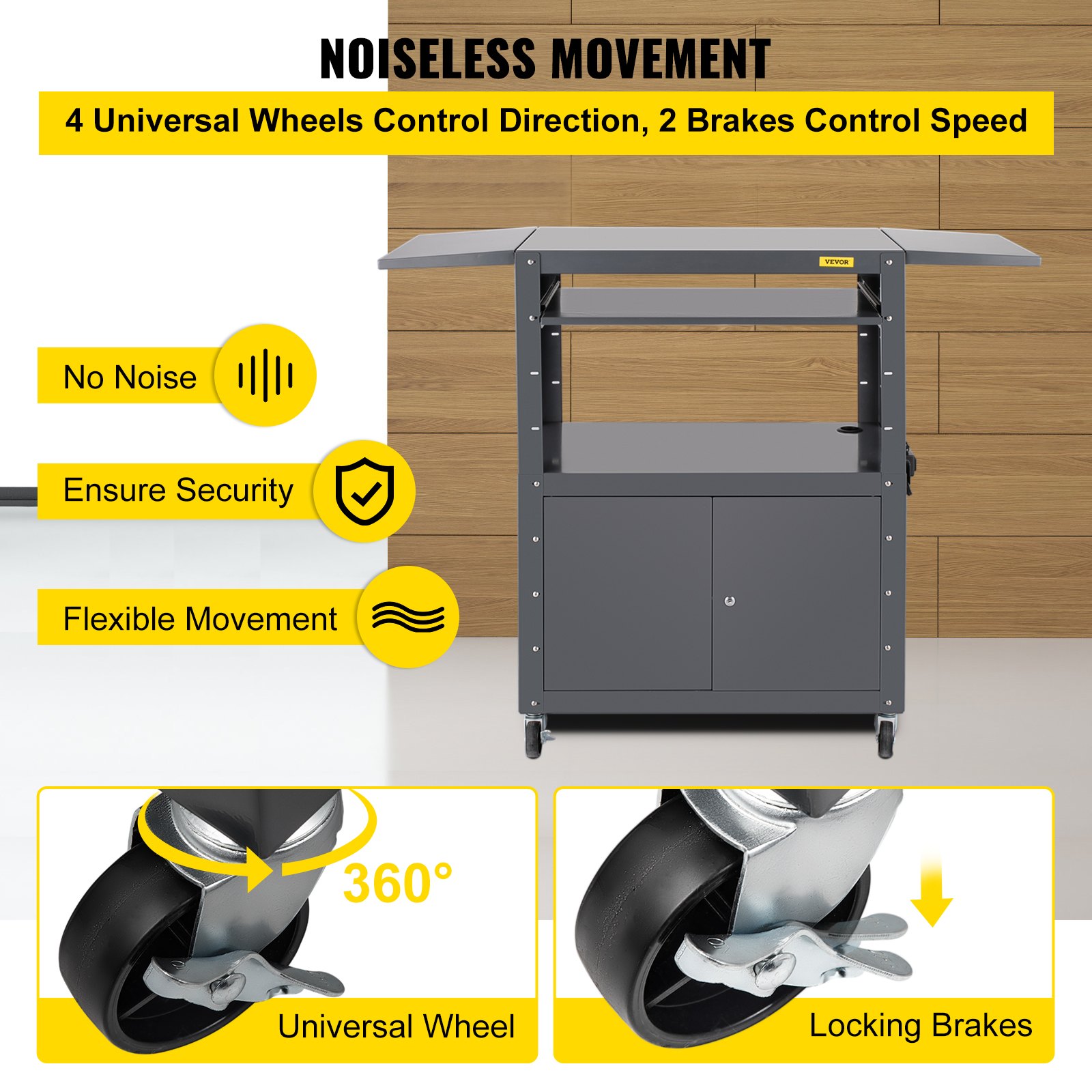 Carro AV VEVOR, carro de medios de altura ajustable de 27 a 41 pulgadas con 2 hojas colgantes, carro de presentación de capacidad de 150 libras con un gabinete con cerradura, carro de proyector de acero ensanchado de 33 x 18 pulgadas con una bandeja para teclado