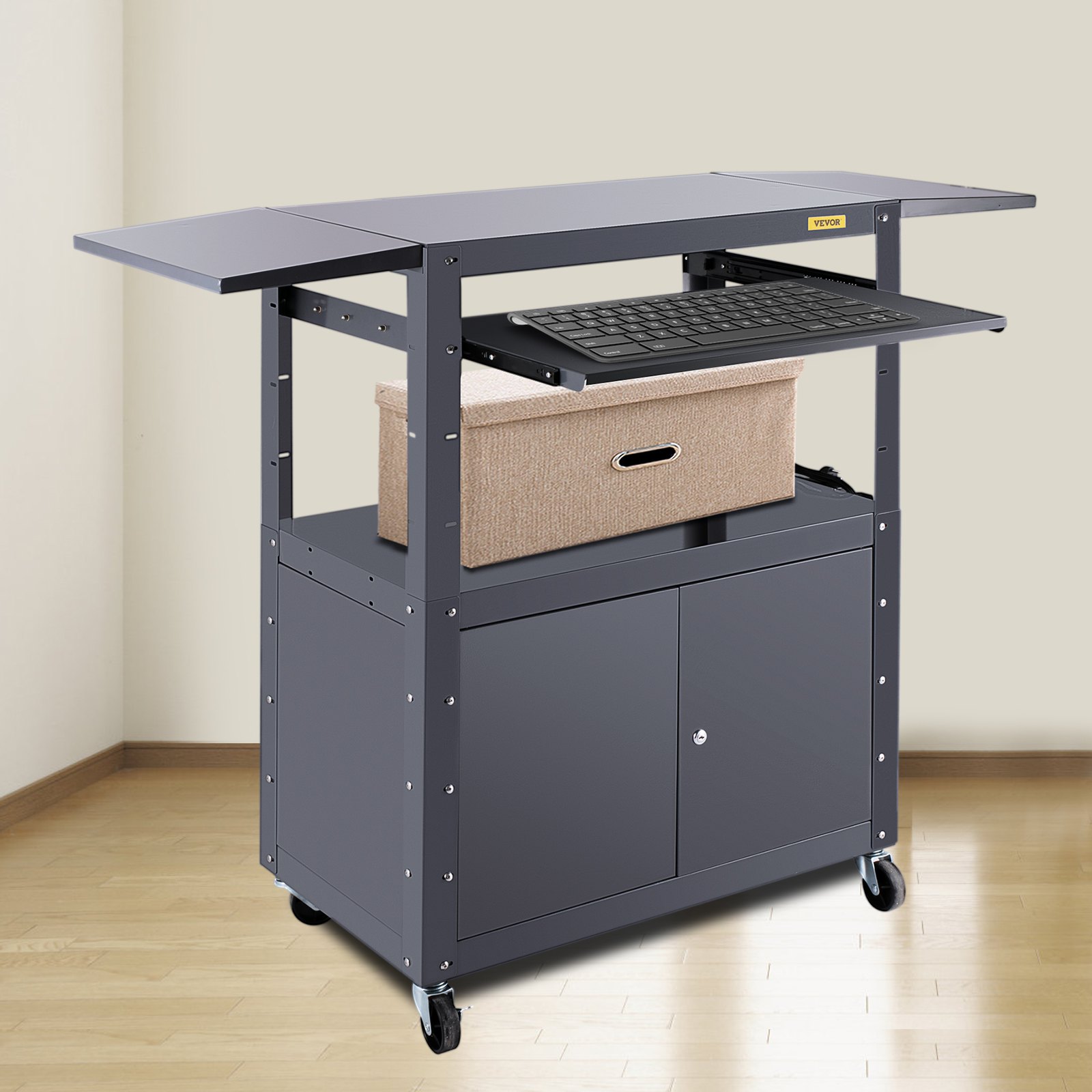 Carro AV VEVOR, carro de medios de altura ajustable de 27 a 41 pulgadas con 2 hojas colgantes, carro de presentación de capacidad de 150 libras con un gabinete con cerradura, carro de proyector de acero ensanchado de 33 x 18 pulgadas con una bandeja para teclado
